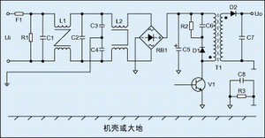 圖2：進(jìn)行過電磁兼容設(shè)計(jì)后的反激式開關(guān)電源電氣原理圖。