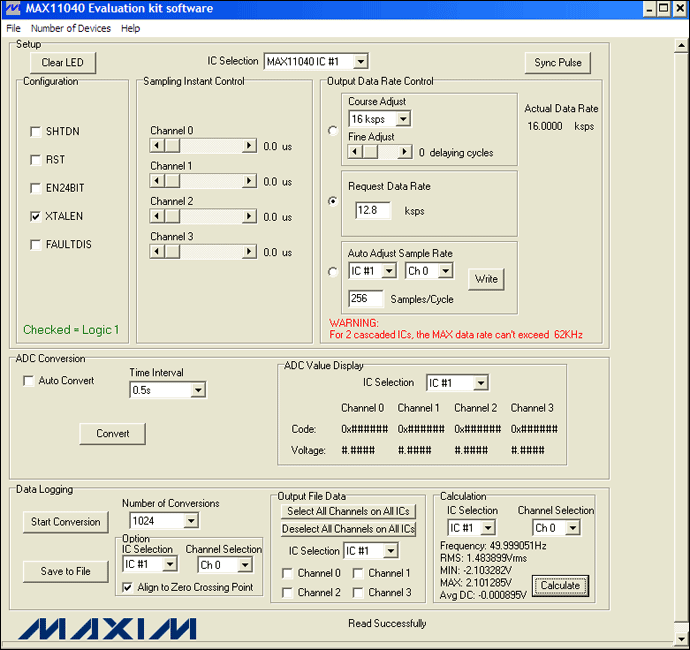 圖4. MAX11040EVKIT GUI允許用戶方便地設(shè)置各種測(cè)量條件：12.8ksps、256采樣點(diǎn)/周期和1024次轉(zhuǎn)換。此外，GUI的計(jì)算部分提供了一個(gè)進(jìn)行快速工程運(yùn)算的便捷工具。