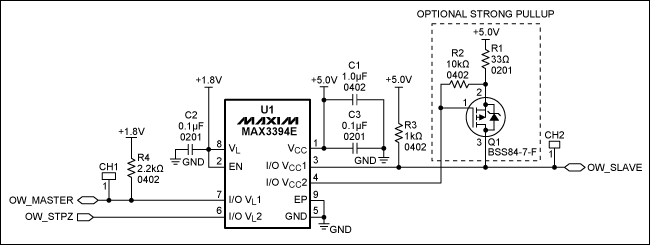 圖1. 1-Wire雙向電平(1.8V至5V)轉(zhuǎn)換器電路原理圖，注意，引腳I/O VL和I/O VCC具有10kΩ內(nèi)部上拉。